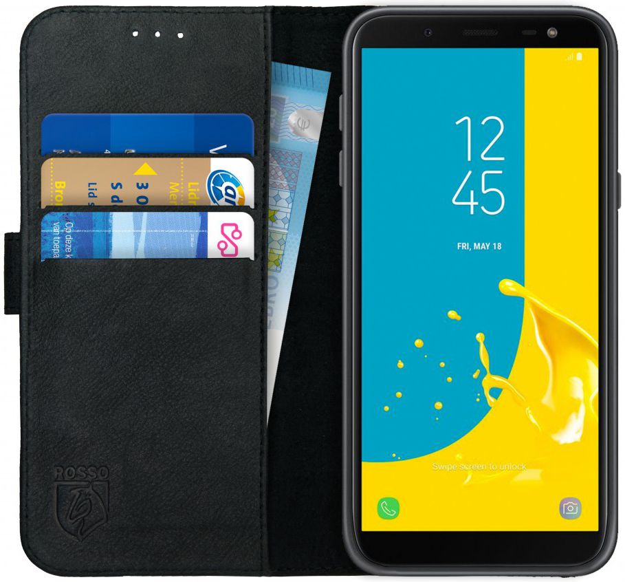 Rosso Deluxe Samsung Galaxy J6 2018 Hoesje Echt Leer Book Case Zwart afbeelding 1