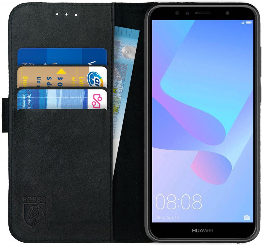 Rosso Deluxe Huawei Y6 2018 Hoesje Echt Leer Book Case Zwart afbeelding 1
