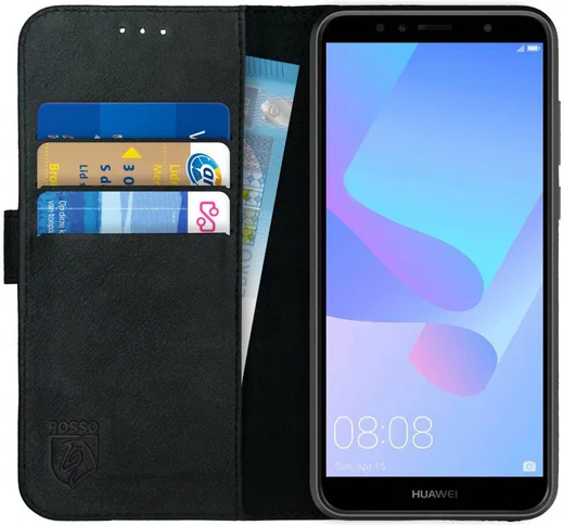 Rosso Deluxe Huawei Y6 2018 Hoesje Echt Leer Book Case Zwart afbeelding 1
