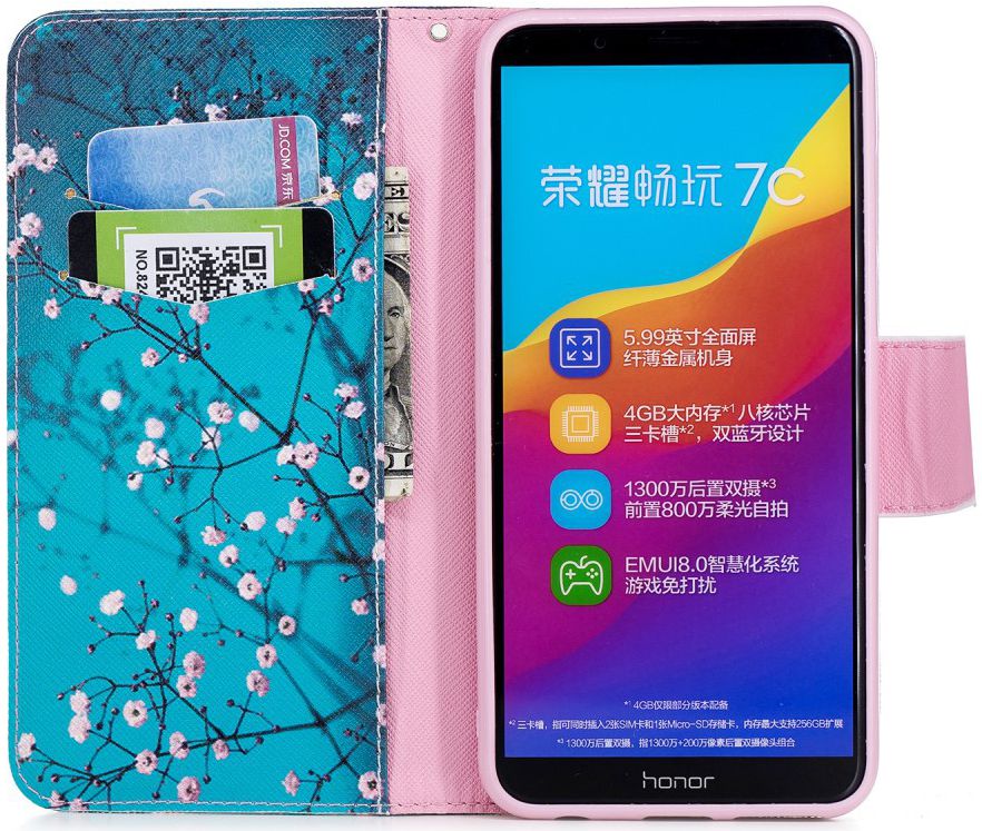 Huawei Y7 (2018) Portemonnee Hoesje met Boom Print Blauw afbeelding 2
