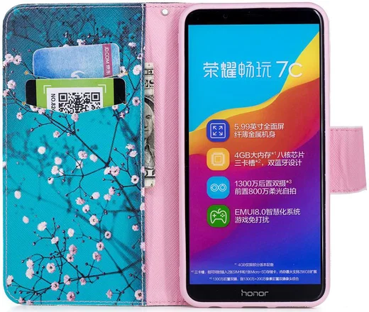 Huawei Y7 (2018) Portemonnee Hoesje met Boom Print Blauw afbeelding 2