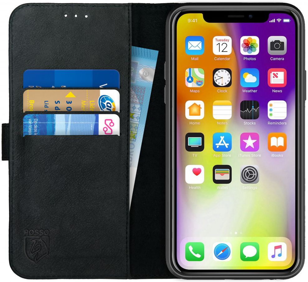 Rosso Deluxe Apple iPhone XS Max Hoesje Echt Leer Book Case Zwart afbeelding 1