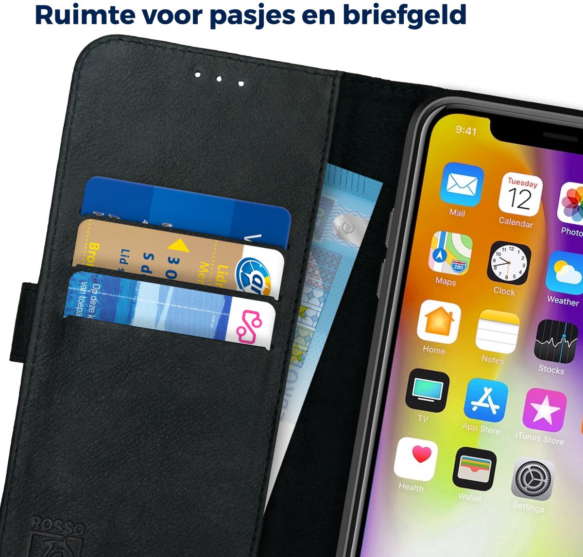 Rosso Deluxe Apple iPhone XS Max Hoesje Echt Leer Book Case Zwart afbeelding 5