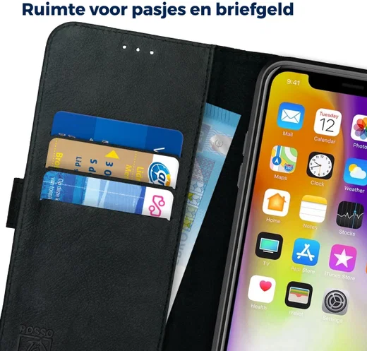 Rosso Deluxe Apple iPhone XS Max Hoesje Echt Leer Book Case Zwart afbeelding 5