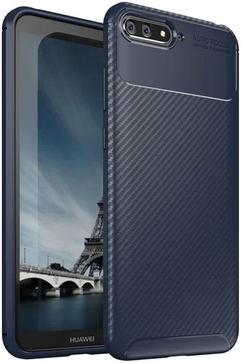 Huawei Y6 2018 Siliconen Carbon Hoesje Blauw afbeelding 1