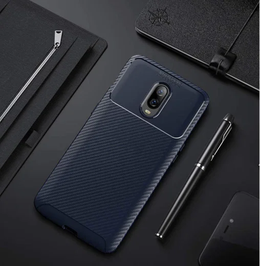 OnePlus 6T Siliconen Carbon Hoesje Blauw afbeelding 4