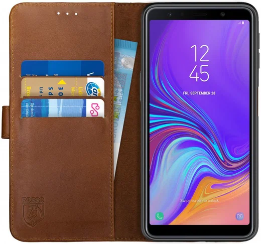 Rosso Deluxe Samsung Galaxy A7 2018 Hoesje Echt Leer Book Case Bruin afbeelding 1