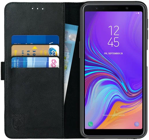 Rosso Deluxe Samsung Galaxy A7 2018 Hoesje Echt Leer Book Case Zwart afbeelding 1