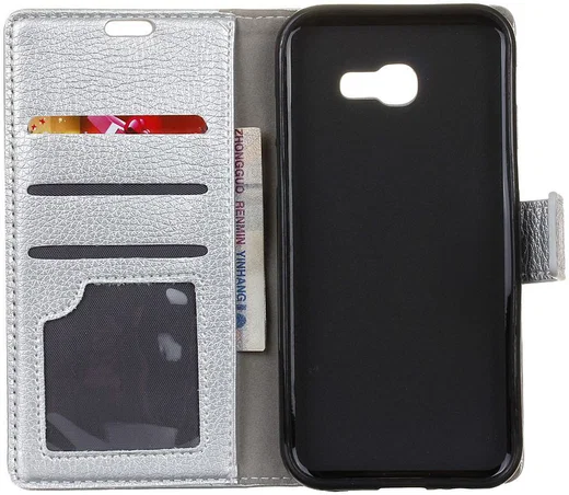 Samsung Galaxy J4 Plus Lychee Leren Portemonnee Hoesje Zilver afbeelding 2