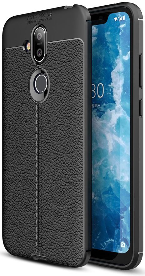 Nokia 8.1 Kunstleren Coating TPU Hoesje Zwart afbeelding 1