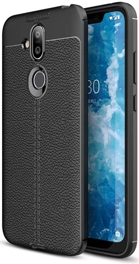 Nokia 8.1 Kunstleren Coating TPU Hoesje Zwart afbeelding 1