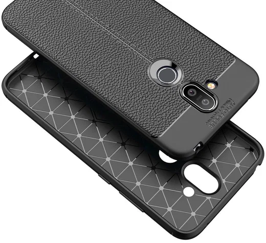 Nokia 8.1 Kunstleren Coating TPU Hoesje Zwart afbeelding 4