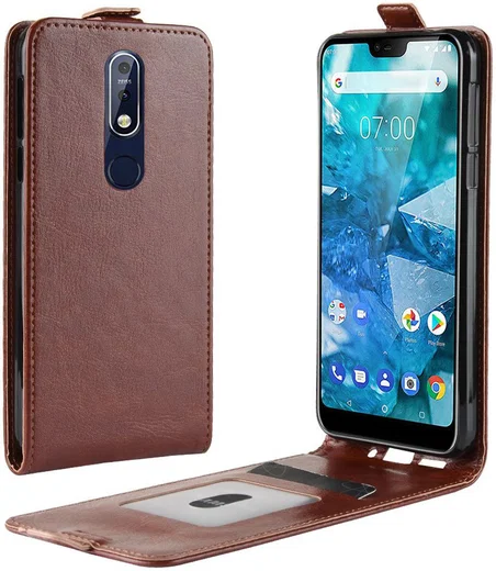 Nokia 7.1 Verticaal Flip Hoesje Bruin afbeelding 1