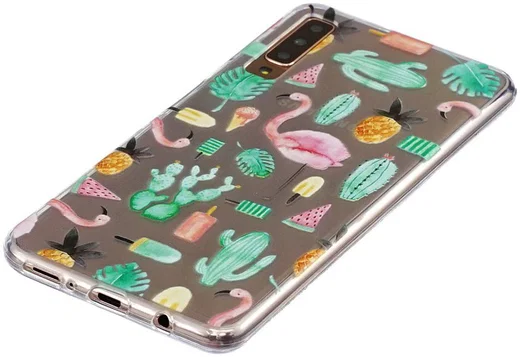 Samsung Galaxy A7 (2018) Transparant Hoesje met Print Flamingo afbeelding 3