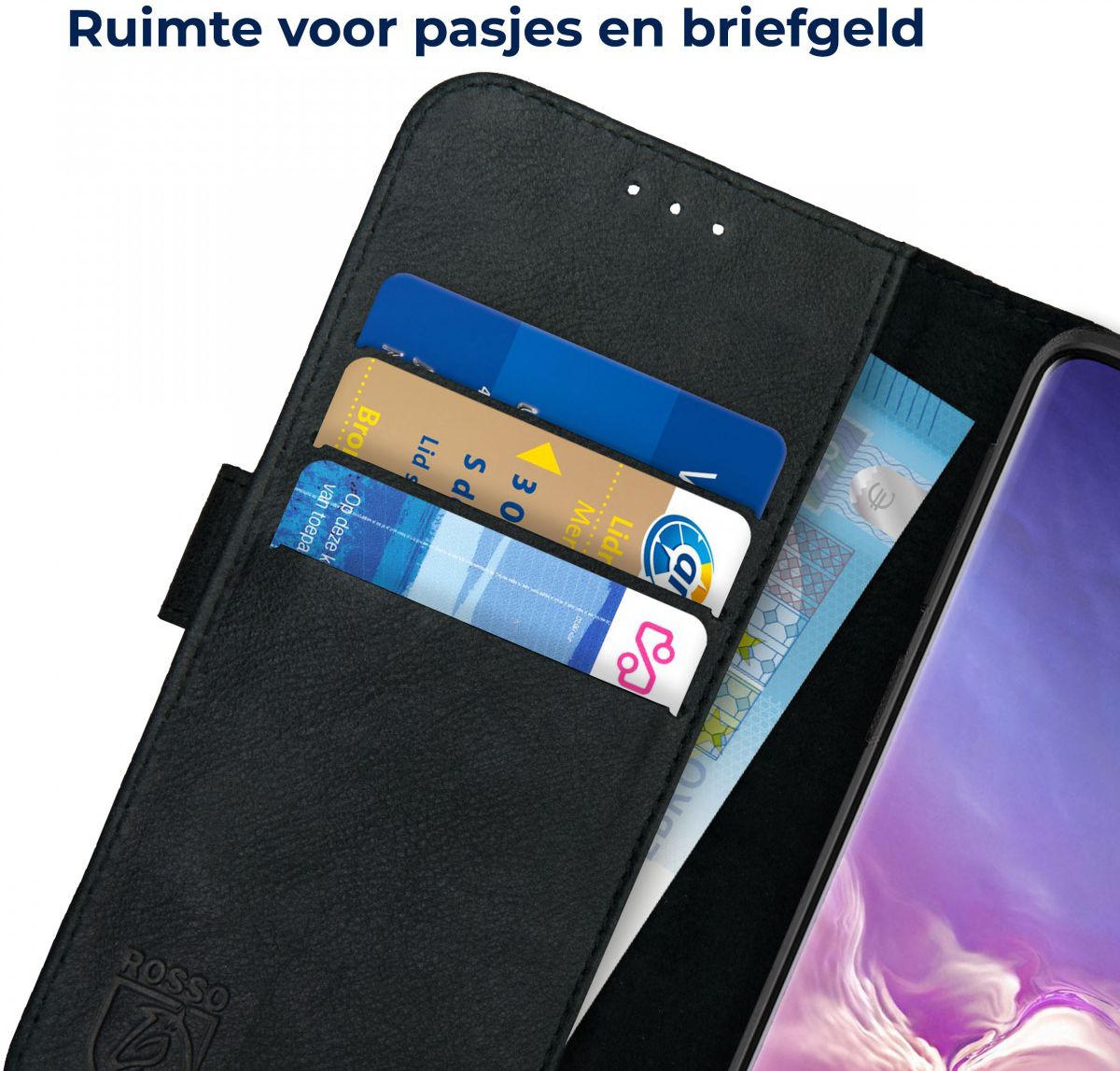 Rosso Deluxe Samsung Galaxy S10 Hoesje Echt Leer Book Case Zwart afbeelding 6