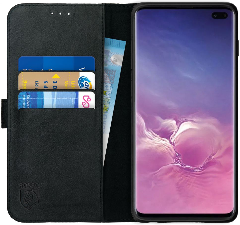 Rosso Deluxe Samsung Galaxy S10 Plus Hoesje Echt Leer Book Case Zwart afbeelding 1