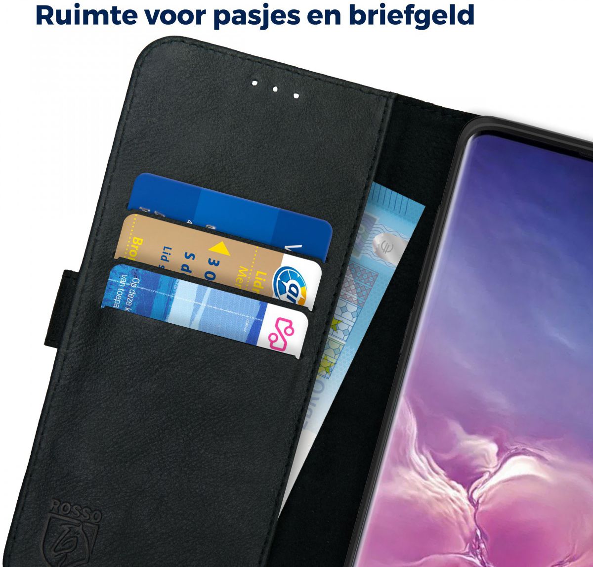 Rosso Deluxe Samsung Galaxy S10 Plus Hoesje Echt Leer Book Case Zwart afbeelding 6