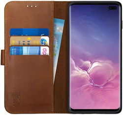 Rosso Deluxe Samsung Galaxy S10 Plus Hoesje Echt Leer Book Case Bruin afbeelding