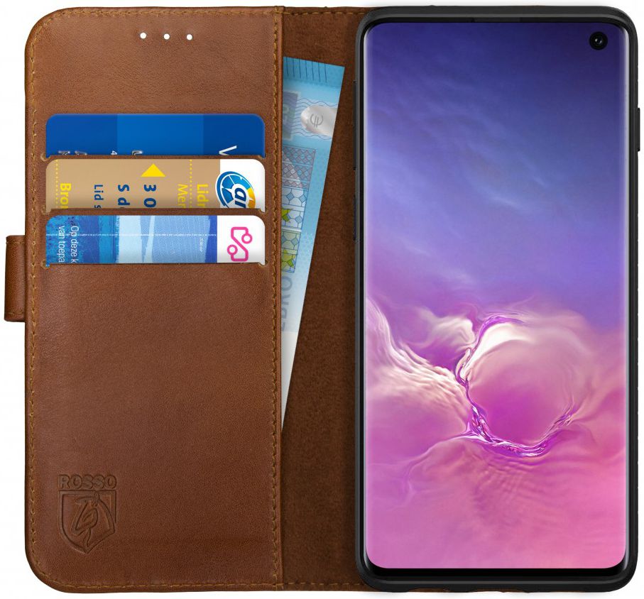 Rosso Deluxe Samsung Galaxy S10 Hoesje Echt Leer Book Case Bruin afbeelding 1