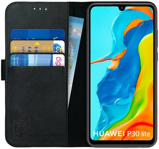 Rosso Deluxe Huawei P30 Lite Hoesje Echt Leer Book Case Zwart afbeelding 1