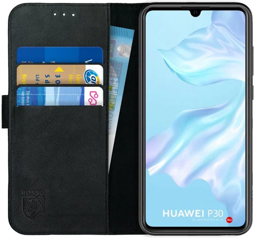 Rosso Deluxe Huawei P30 Hoesje Echt Leer Book Case Zwart afbeelding 1