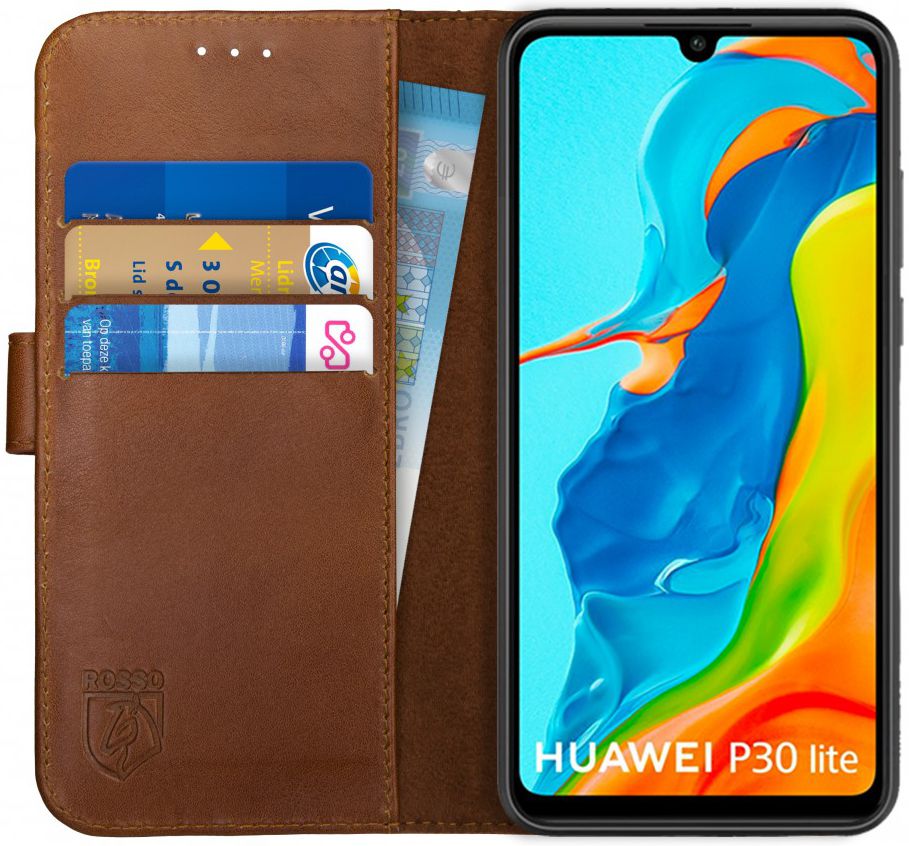 Rosso Deluxe Huawei P30 Lite Hoesje Echt Leer Book Case Bruin afbeelding 1