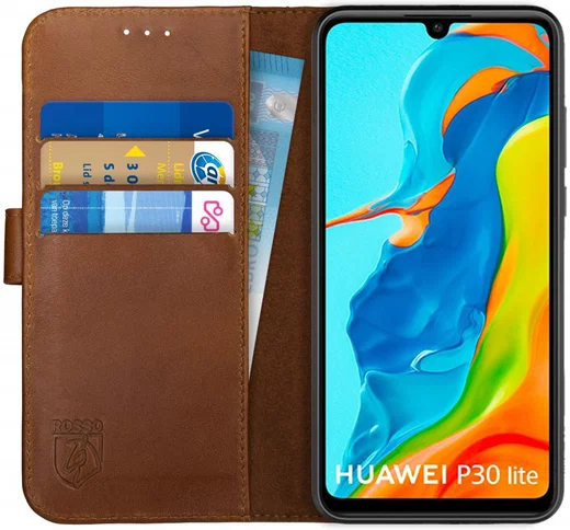 Rosso Deluxe Huawei P30 Lite Hoesje Echt Leer Book Case Bruin afbeelding 1