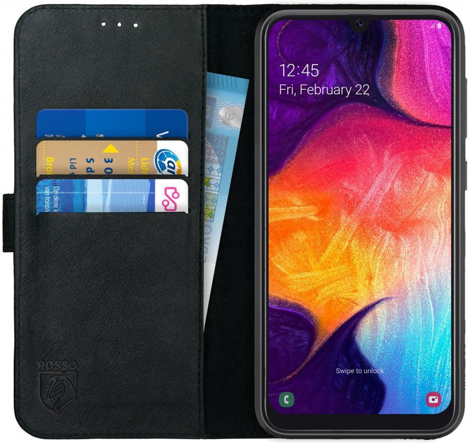 Rosso Deluxe Samsung Galaxy A50 Hoesje Echt Leer Book Case Zwart afbeelding 1