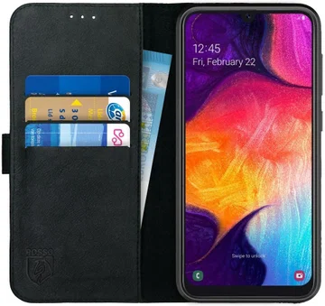 Rosso Deluxe Samsung Galaxy A50 Hoesje Echt Leer Book Case Zwart