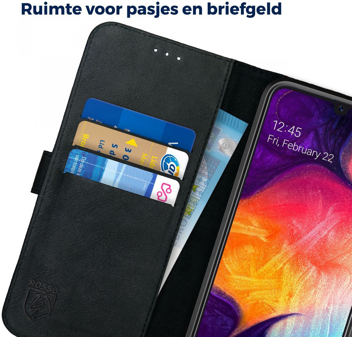 Rosso Deluxe Samsung Galaxy A50 Hoesje Echt Leer Book Case Zwart afbeelding 5