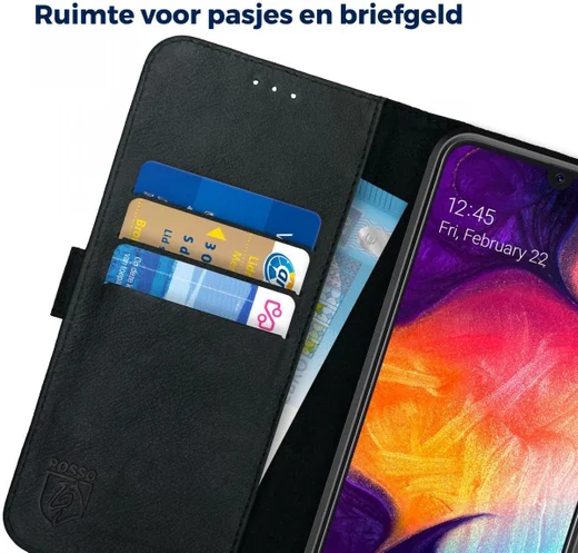 Rosso Deluxe Samsung Galaxy A50 Hoesje Echt Leer Book Case Zwart afbeelding 5