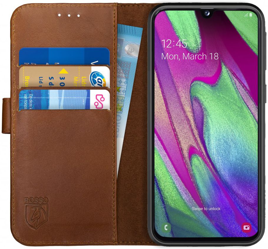 Rosso Deluxe Samsung Galaxy A40 Hoesje Echt Leer Book Case Bruin afbeelding 1