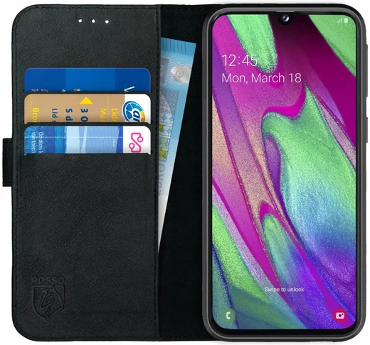 Rosso Deluxe Samsung Galaxy A40 Hoesje Echt Leer Book Case Zwart afbeelding 1