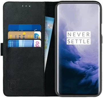 Rosso Deluxe OnePlus 7 Pro Hoesje Echt Leer Book Case Zwart