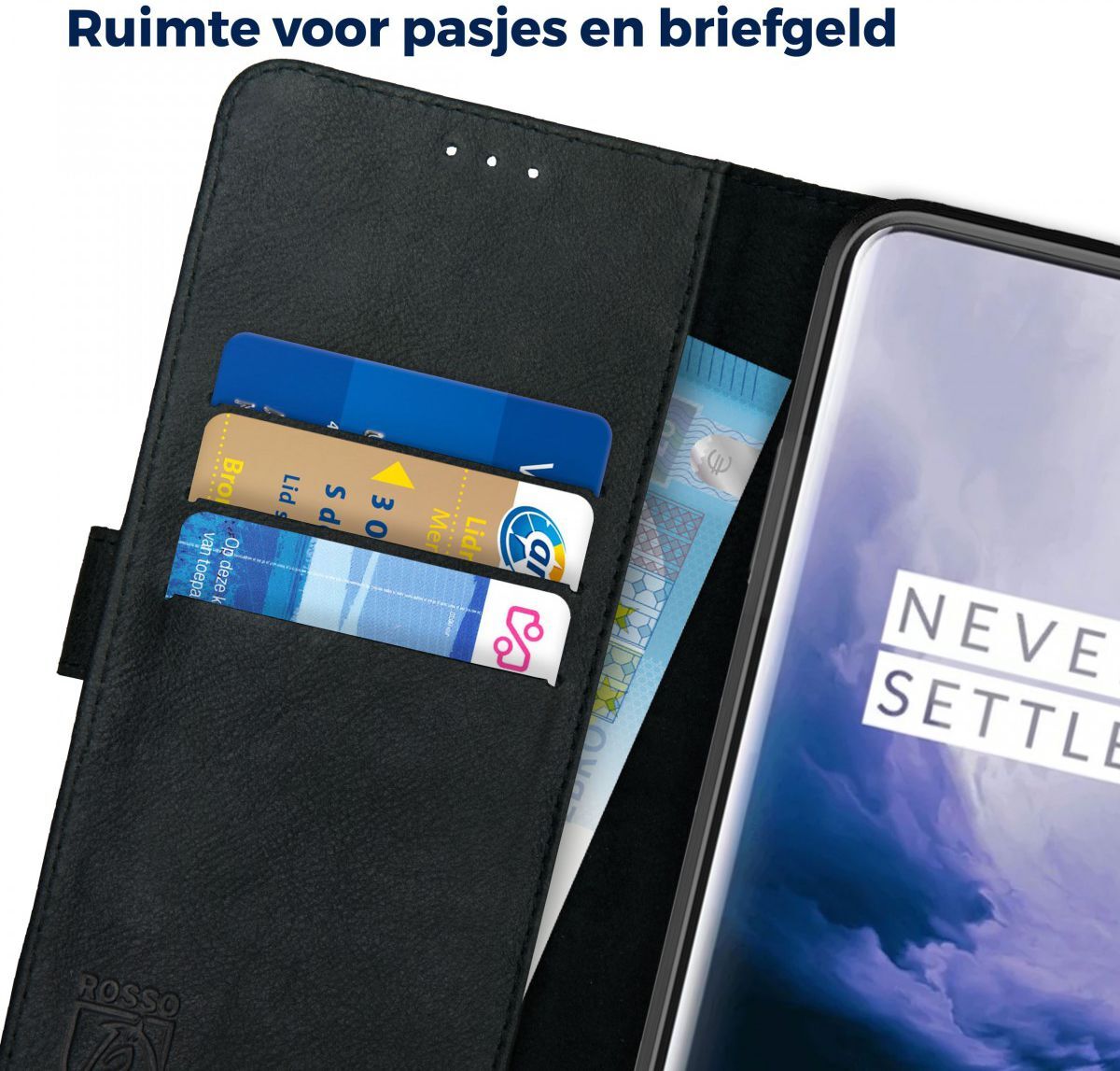 Rosso Deluxe OnePlus 7 Pro Hoesje Echt Leer Book Case Zwart afbeelding 5