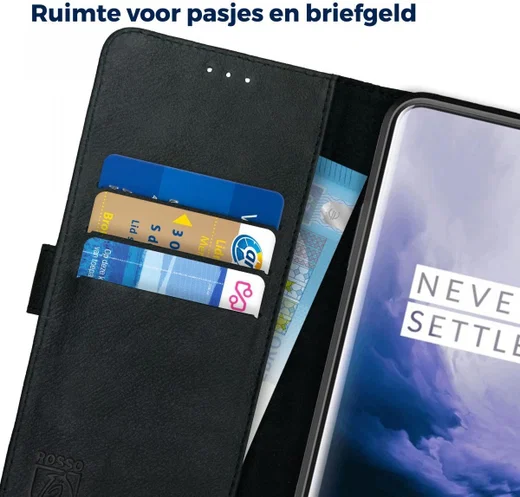 Rosso Deluxe OnePlus 7 Pro Hoesje Echt Leer Book Case Zwart afbeelding 5