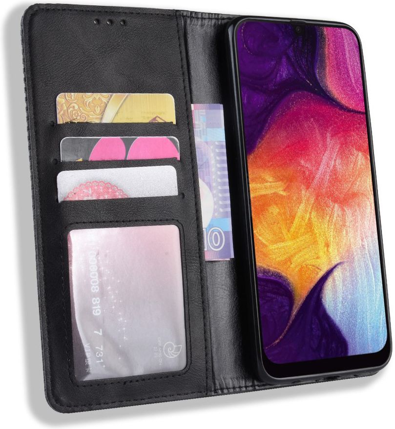 Samsung Galaxy A50 Book Case Hoesje Vintage Wallet Kunst Leer Zwart afbeelding 1