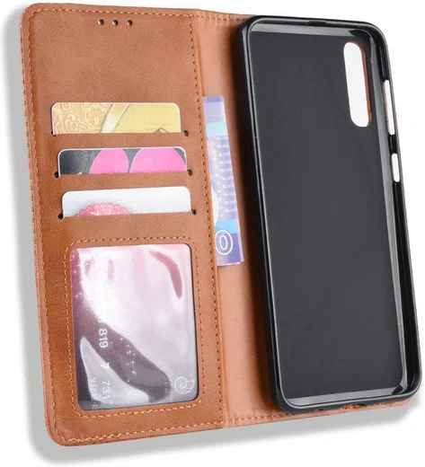 Samsung Galaxy A50 Book Case Hoesje Vintage Wallet Kunst Leer Bruin afbeelding 7
