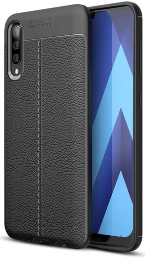 Samsung Galaxy A70 Hoesje TPU Met Leren Textuur Zwart afbeelding 1