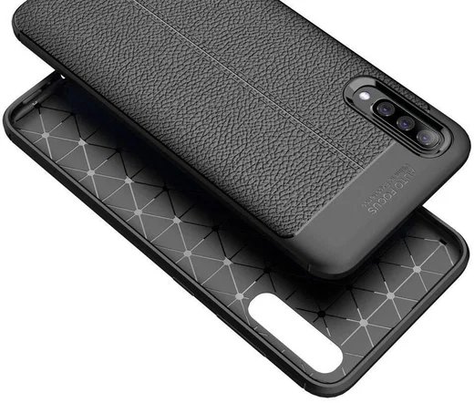 Samsung Galaxy A70 Hoesje met Leren Textuur TPU Hoesje Blauw afbeelding 10