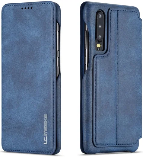Huawei P30 Retro Style Kaarthouder Bookcase Hoesje Blauw afbeelding 2