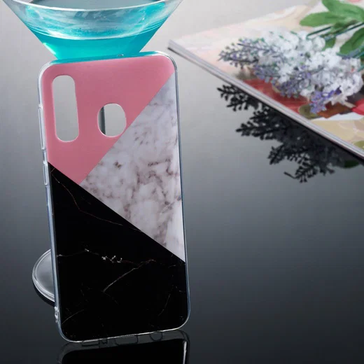 Samsung Galaxy A50 Hoesje TPU Back Cover met Marmer Print Roze Zwart afbeelding 4