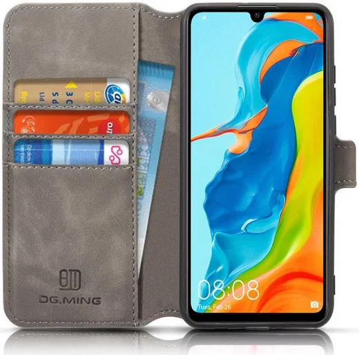 Huawei P30 Lite Retro Portemonnee Hoesje Grijs afbeelding 1