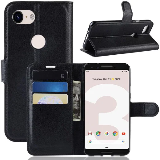 Google Pixel 3a Litchi Skin Leren Portemonnee Hoesje Zwart afbeelding 3