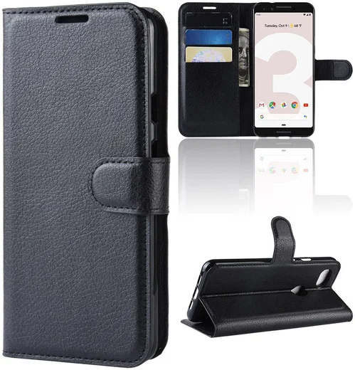 Google Pixel 3a Litchi Skin Leren Portemonnee Hoesje Zwart afbeelding 4