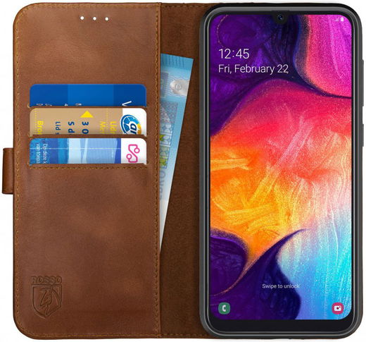 Rosso Deluxe Samsung Galaxy A70 Hoesje Echt Leer Book Case Bruin afbeelding 1