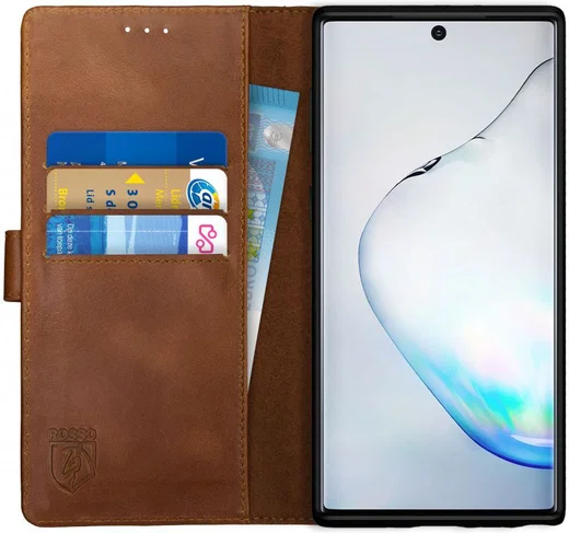 Rosso Deluxe Samsung Galaxy Note 10 Hoesje Echt Leer Book Case Bruin afbeelding 1