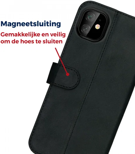 Rosso Deluxe Apple iPhone 11 Hoesje Echt Leer Book Case Zwart afbeelding 9