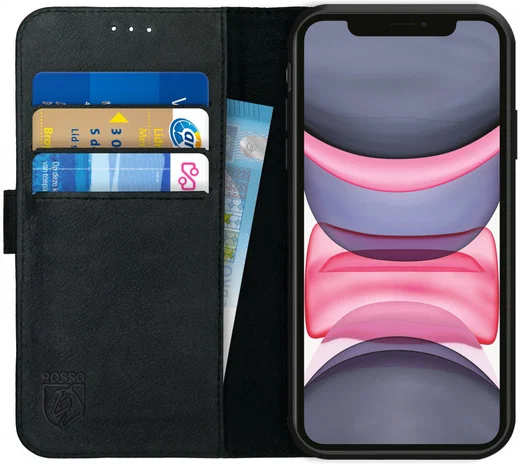 Rosso Deluxe Apple iPhone 11 Hoesje Echt Leer Book Case Zwart afbeelding 1