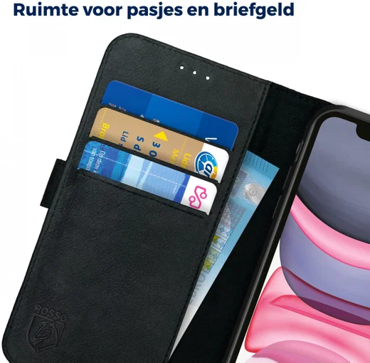 Rosso Deluxe Apple iPhone 11 Hoesje Echt Leer Book Case Zwart afbeelding 8